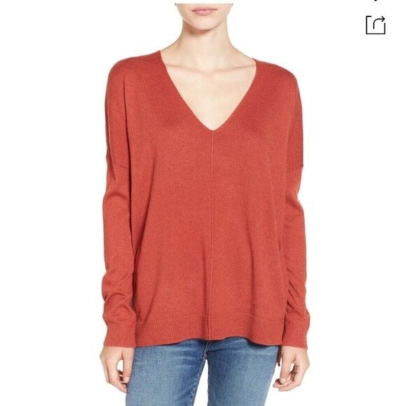 Leith Deep V-Neck Wool Blend Sweater Orange Front Seam Long Sleeves High-Low Hem - Picture 1 of 11